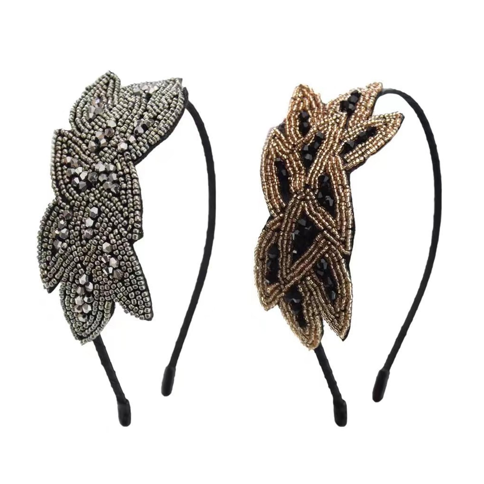 2Pcs Vintage Leaf Beaded Headpiece - Elegant Crystal Rhinestones Flapper Headband for Women's Costume Party
