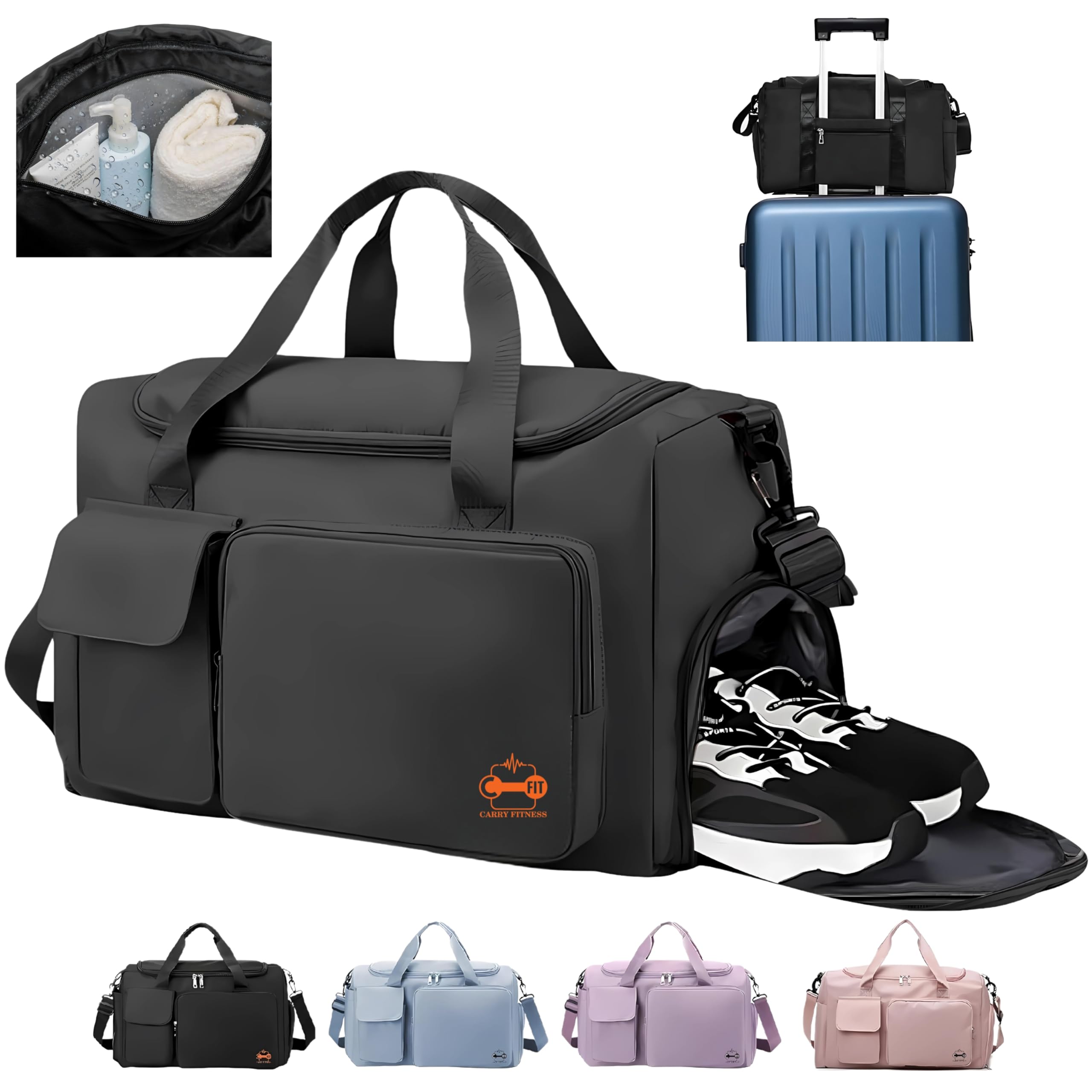 CarryFitness® Sports Gym Bag Duffle Bag with Shoes Compartment, Waterproof Weekend Bags for Women and Men, Hand Luggage Bag, Lightweight Holdall Hospital Overnight Bag - Black 37L