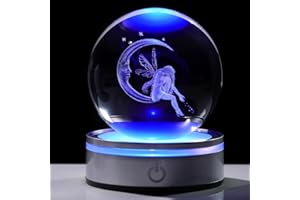 Movdyka 3D Crystal Ball Moon & Fairy Statue Decor Gifts for Women Girls with Colorful LED Base, 3D Laser Fairy Snow Globe Home Decor Crafts - 3.15"/8CM