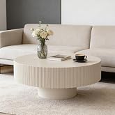 RZTPYS Modern Round Fluted Coffee Table, Beige 30.9" | Drum Wooden Coffee Table with Cylindrical Base, Circle Accent Center Table for Living Room Apartment Office Small Space
