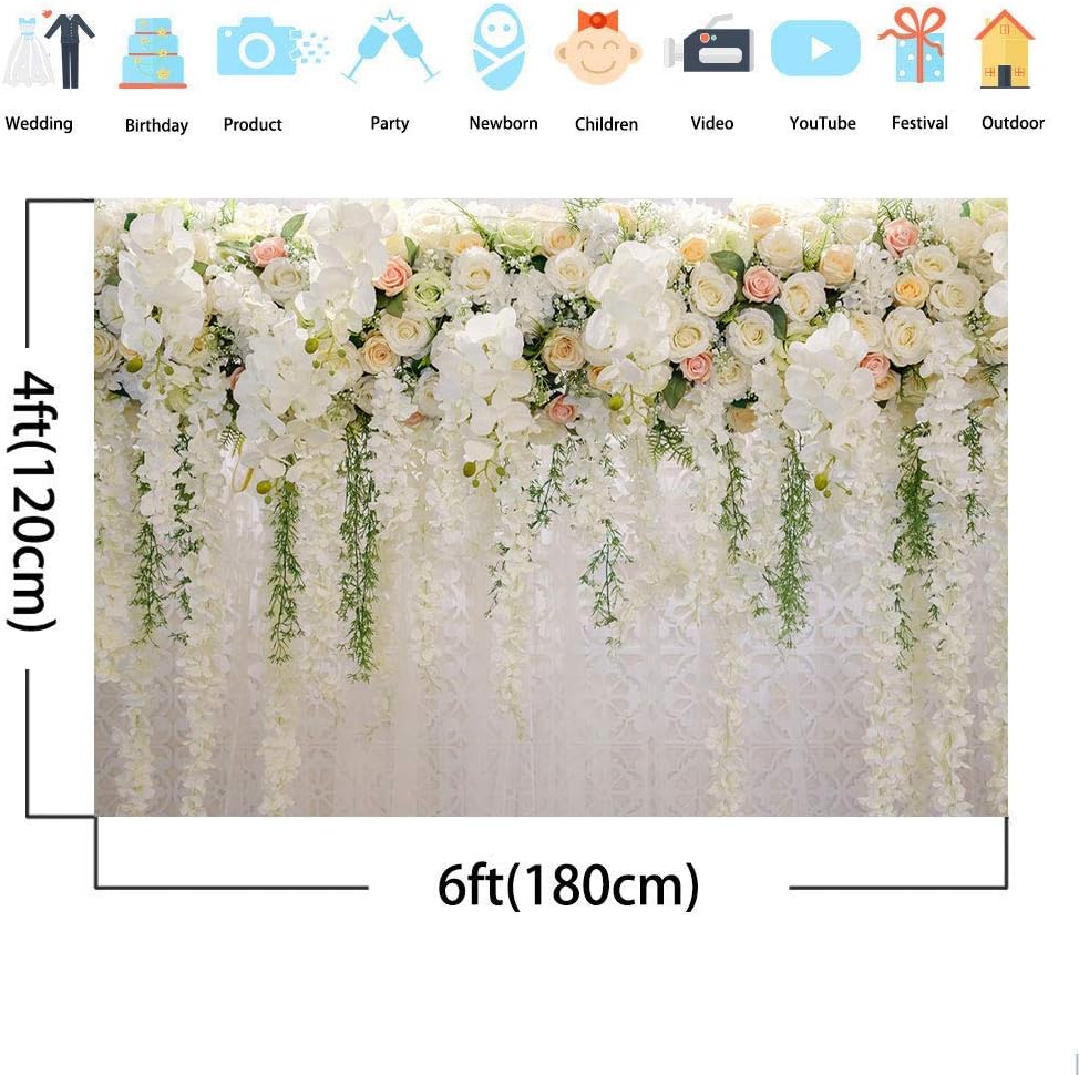 Avezano 6x4ft White Flower Wall Backdrop Roses Floral Curtain Flower Sea Photography Background for Bridal Wedding Infant Newborn Baby Shower Birthday Party Photo Studio Props - Image 5