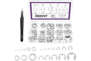 Swpeet 236Pcs 304 Stainless Steel E-Clip and Internal Tooth Lock Washers with Tweezers Assortment Kit, Spring Push On Locking Nuts Speed Clips Snap Ring E-Ring Circlip Rings for Gear