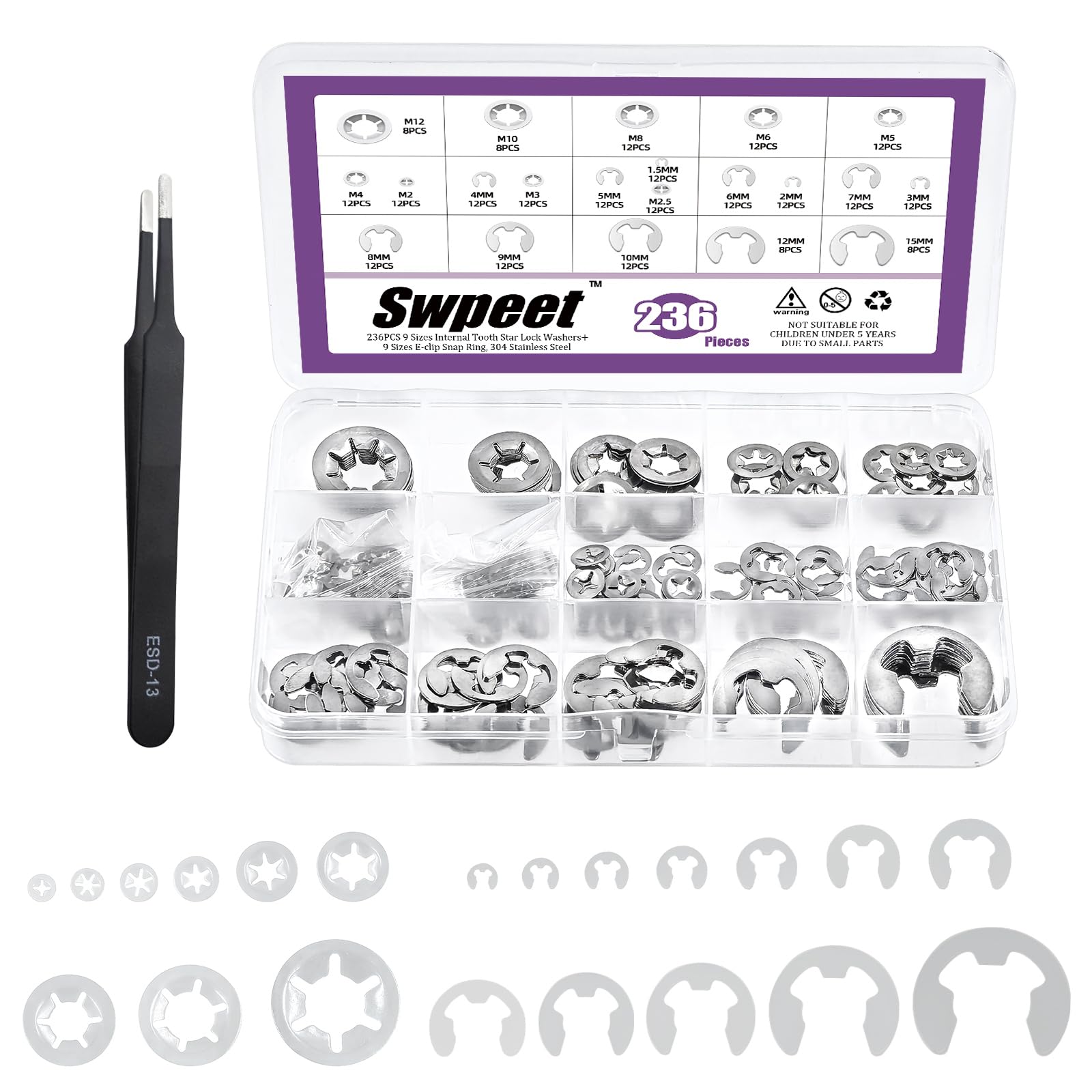 Swpeet 236Pcs 304 Stainless Steel E-Clip and Internal Tooth Lock Washers with Tweezers Assortment Kit, Spring Push On Locking Nuts Speed Clips Snap Ring E-Ring Circlip Rings for Gear