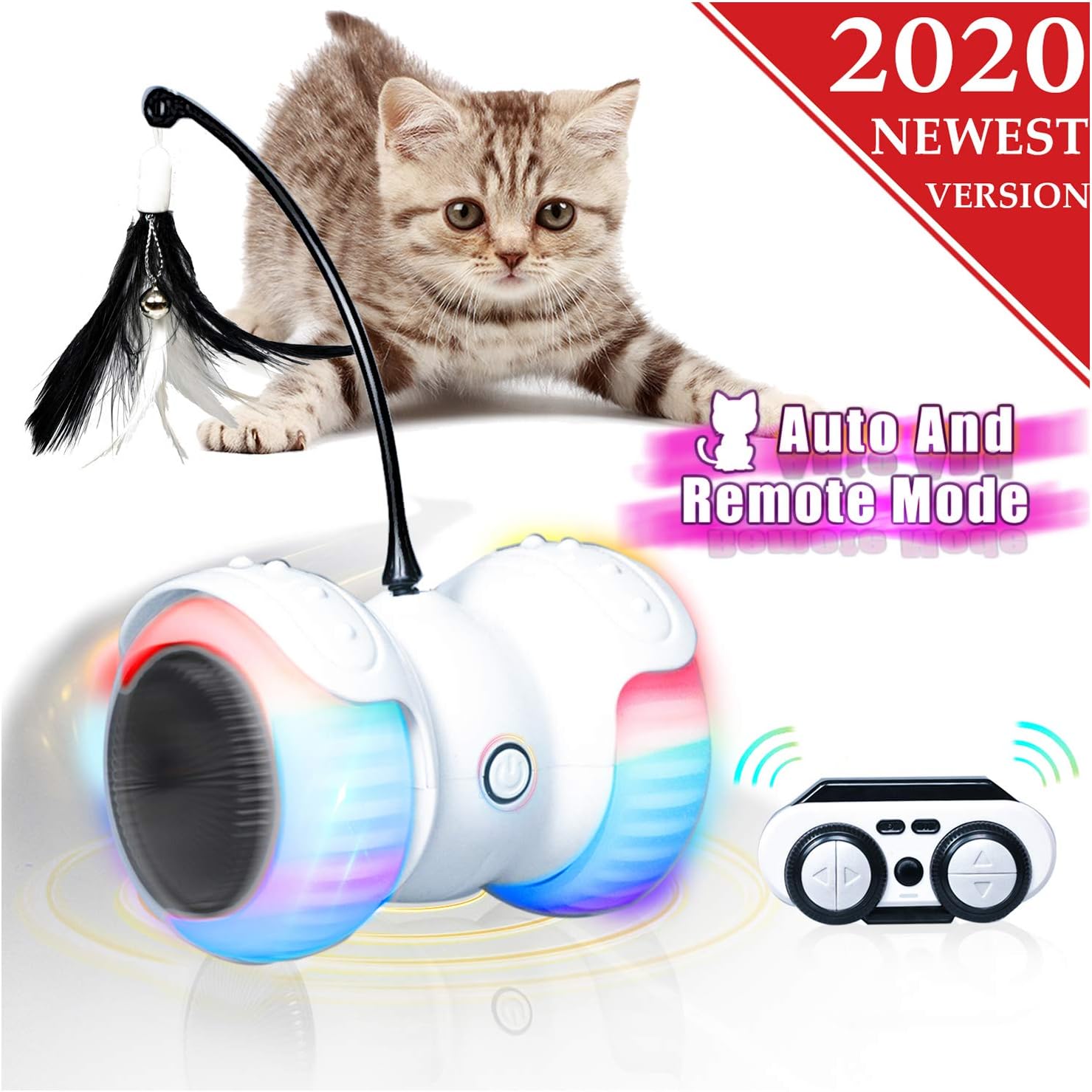 YOFUN Robotic Interactive Cat Toy, Newest Version with Manual & Auto Modes, Attached Feathers,Birds Toys for Kitten,Large Capacity Battery, Run On All Floors