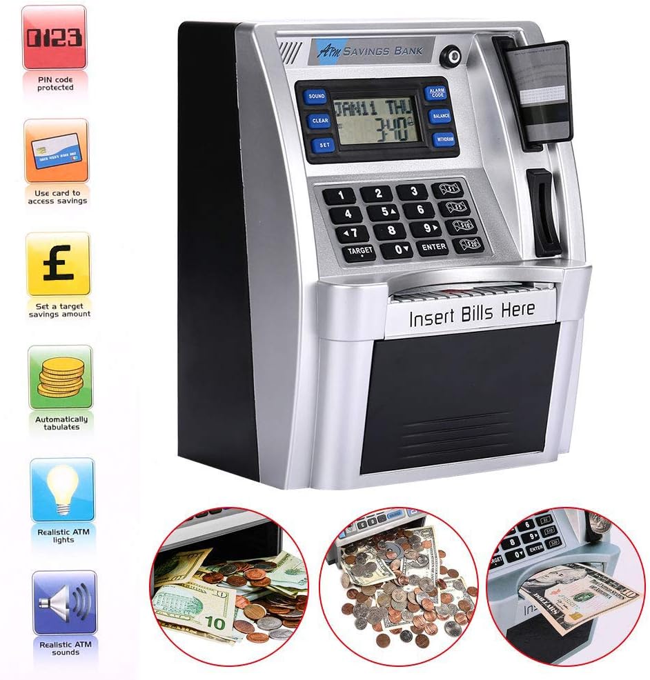 YaBao Pounds Version Electronic ATM Savings Bank Digital Piggy Money Bank Machine,Electronic Cash Box with Debit Card,Password Login,Voice Prompt,Coin Recognition,Targets Setting (Silver/Black) - Image 4