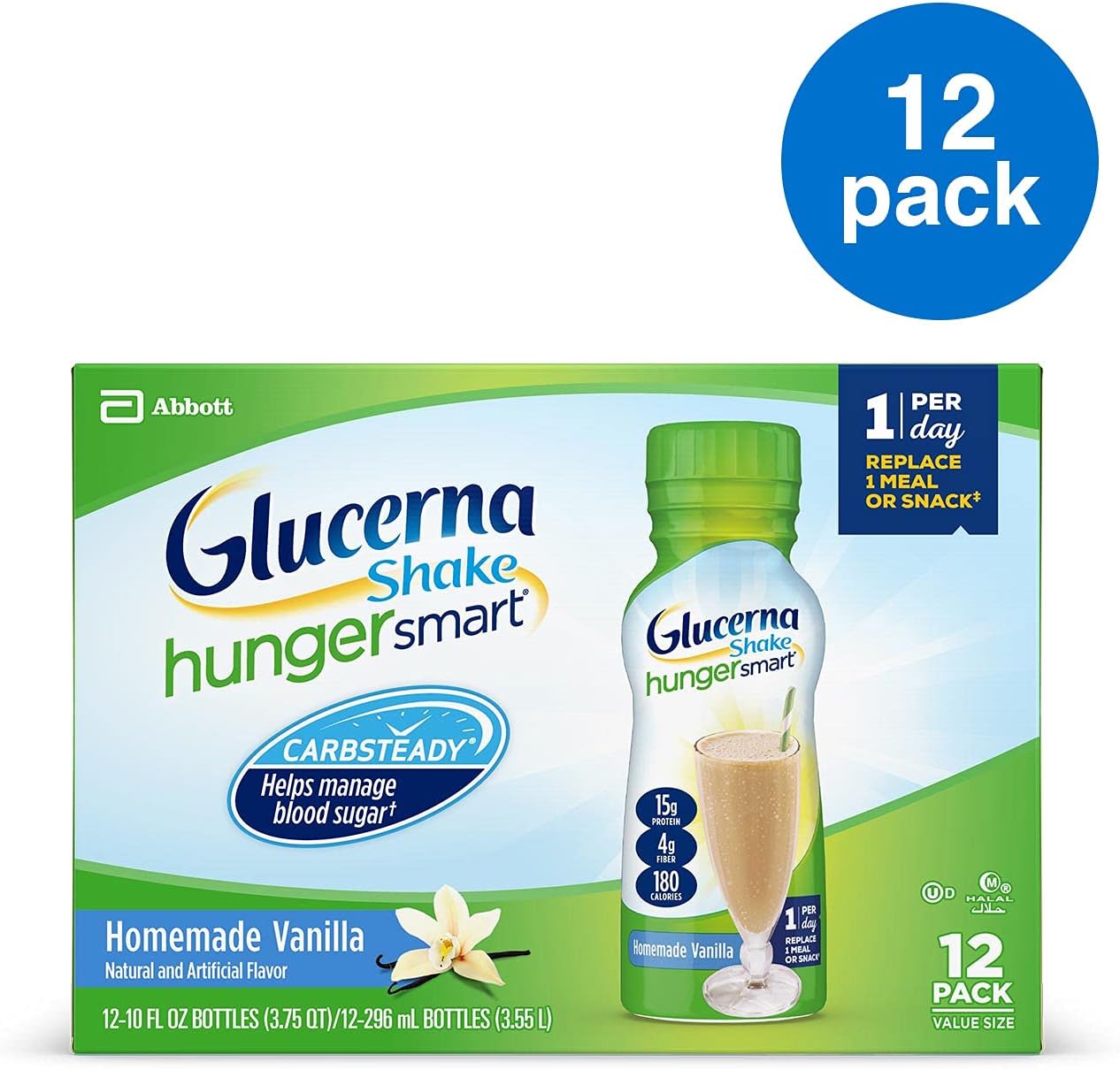 Glucerna Hunger Smart, Diabetes Nutritional Shake, To Help Manage Blood Sugar, Homemade Vanilla, 10 fl oz - Pack of 12