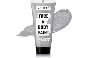 YBUETE Silver Water Based Face Body Paint, 2.37 OZ Large Tube Full Coverage Face Paint for Skull Goth Cosplay, Washable Metallic Silver Body Painting Cream for Adult Carnival Halloween SFX Makeup