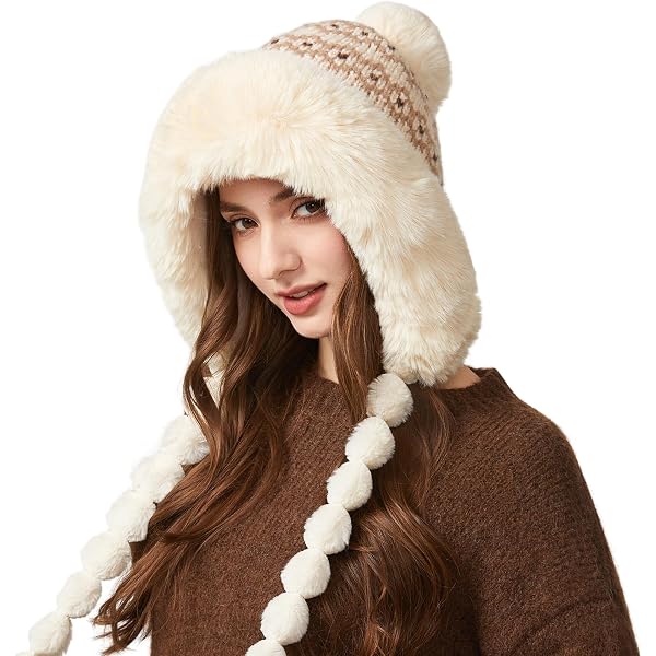 Women's Winter Beanie Hat With Ear Flaps & Faux Fur Pom Pom - Kawaii Knit Skull Cap, Light Gray