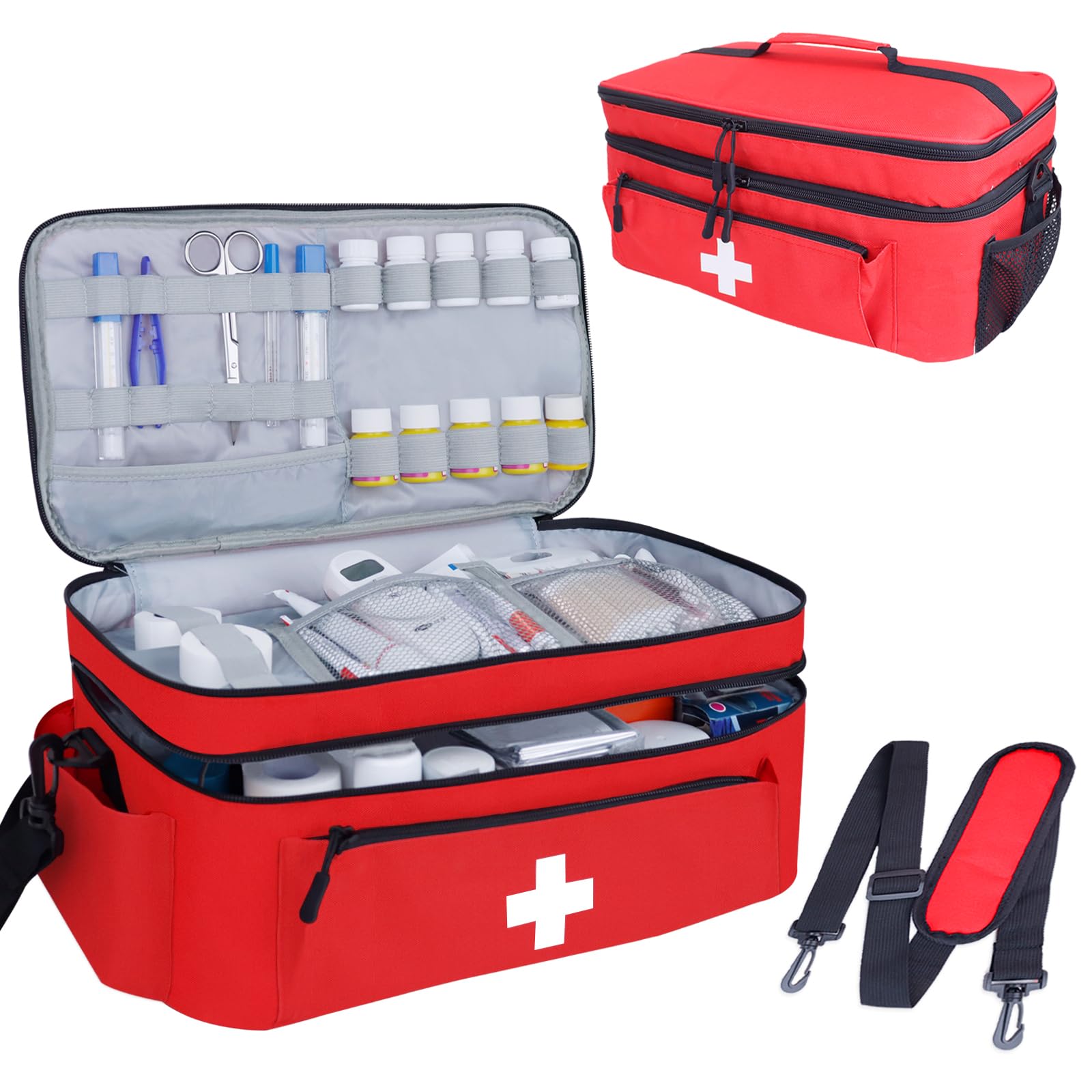 Photo 1 of ALSLEA First Aid Bag Empty Large Medical Bag with Shoulder Strap 16”x 9½” x 7” Medicine Organizer Box Travel First Aid kit Emergency Supplies Storage Bag for Car, Home, Office, Outdoor (Red)