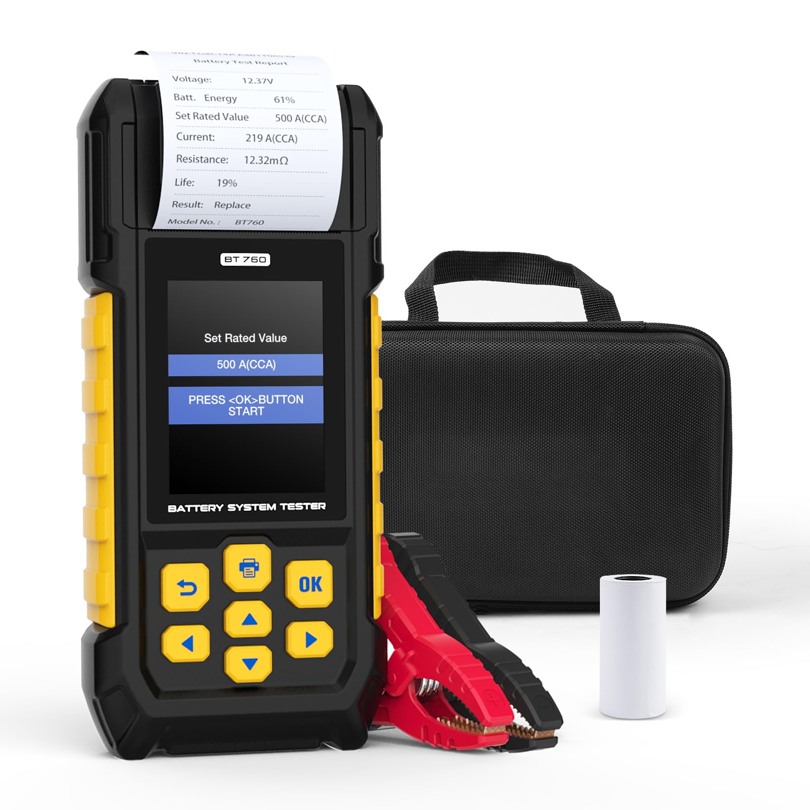 BT760 Car & Motorcycle Battery Tester, 12V/24V Full-Function Battery System Tester with Built-in Printer, HD Color Screen, Bad Cell Detection for All Lead-Acid Batteries