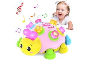 COQIN Baby Crawling Toys 6-12 Months,Musical Ladybug Crawling Toy for Infants 0-3-6 7 8 9 10 12-18 Months,Early Education Light Up Music Walking Toys,Shape Matching,Tummy Time Toys for Boy Girl Gift.(Pink)