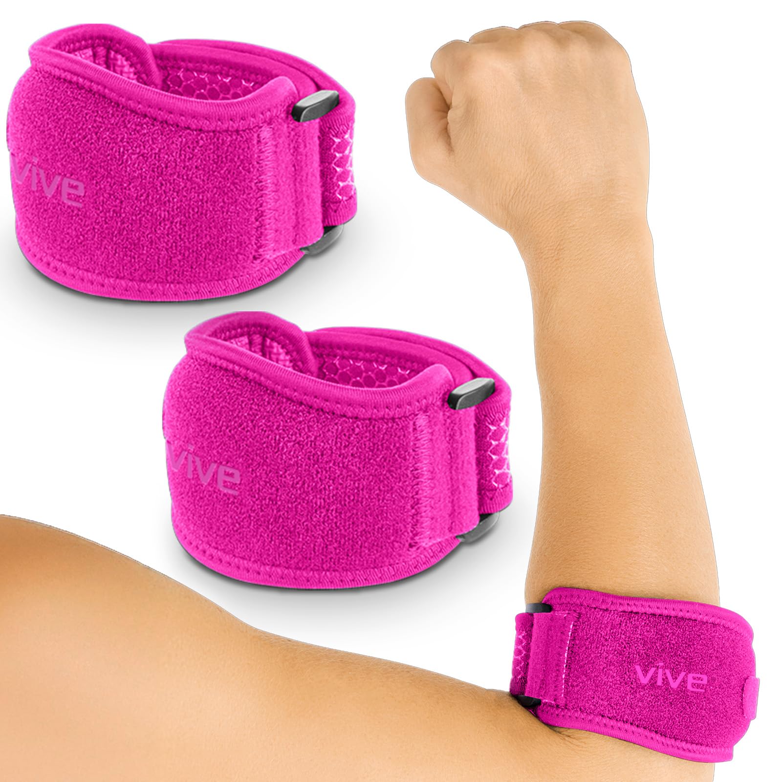 Vive Tennis Elbow Brace (Pair) - Rheumatoid Arthritis Strap For Bursitis, Golfers, Lateral & Medial Epicondylitis, Tendinitis - Padded Compression Arm Support Band (Pink)
