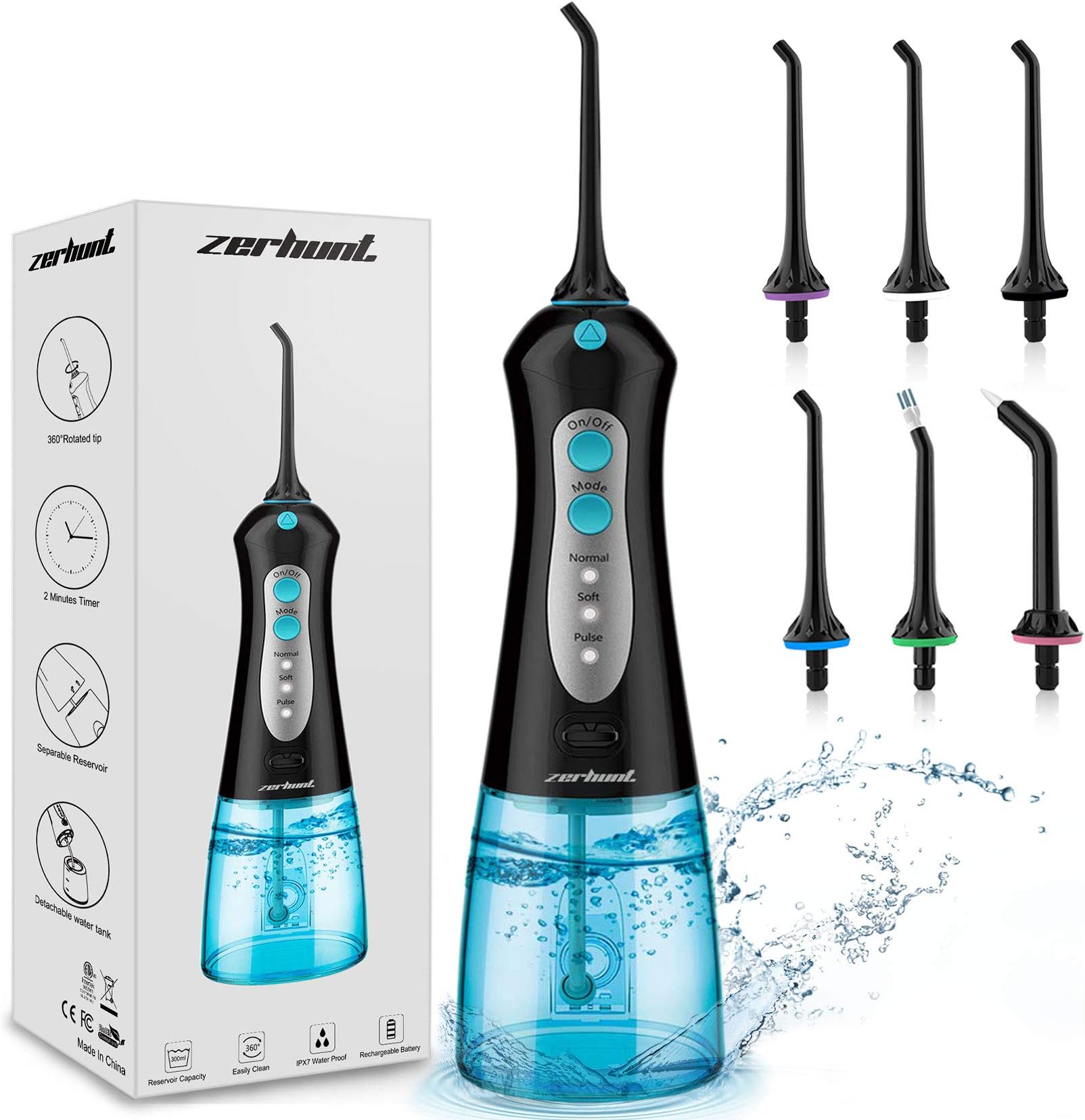 Water Flosser Cordless Teeth Cleaner, Professional Wate Flosser Oral Care for Braces Bridges Care IPX7 Waterproof Dental Flosser with 6 Interchangeable Jet Tips, Detachable Water Tank for Home Travel