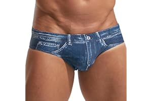 PINKY SENSON Men's Swim Briefs 3D Denim Print Quick-Dry Swimwear Drawstring Low-Rise Beach Shorts for Pool Surfing