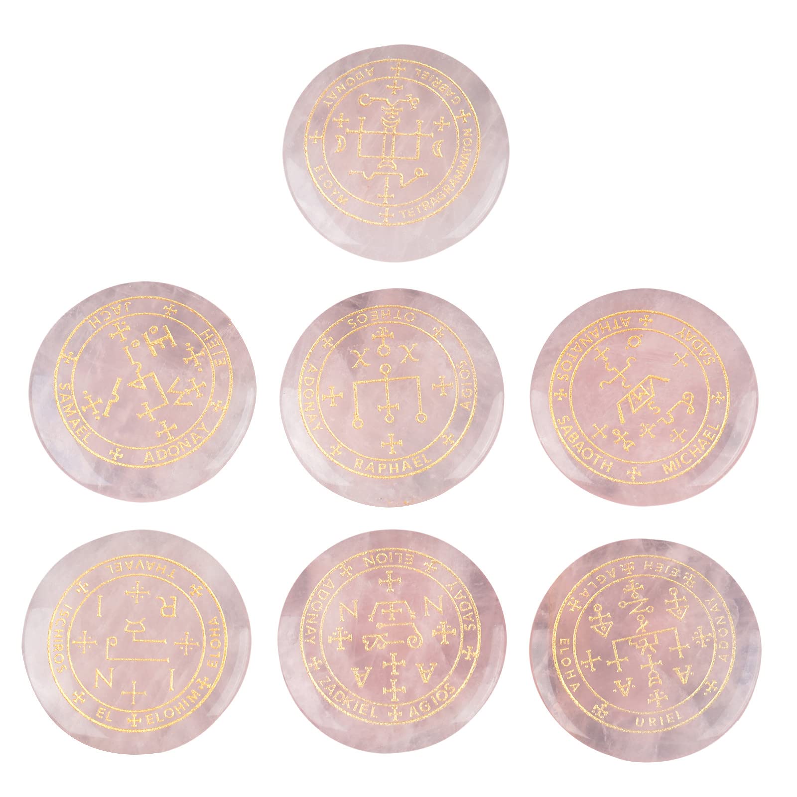 mookaitedecor 7pcs Rose Quartz Crystals Healing Crystal Grid Set with Engraved Magic Archangel Sigils Symbols for Meditation Pocket Palm Stones Spiritual Crystal Set Witchcraft Witch Gifts Decor