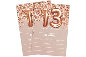 LWBEO 13th Birthday Invitation Cards, Rose Gold Glitter 13th Birthday Party Invites, Kids Happy Birthday Party Decorations Supplies, 20 Fill-in Cards with Envelopes for Boys or Girls Party Celebration - C05