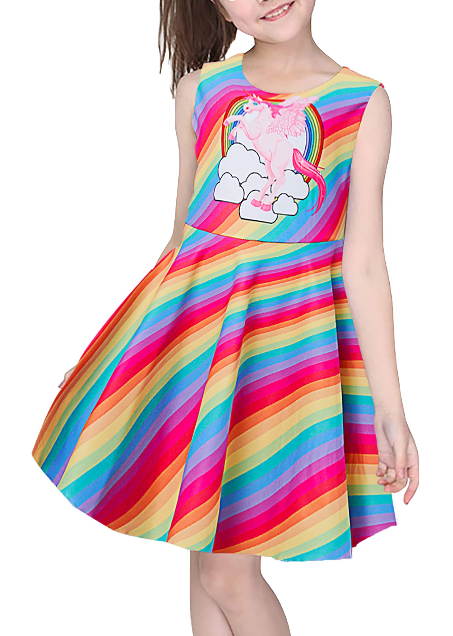 TUONROAD Big Girls A-Line Dress Round Neck Sleeveless Basic Dress Giddy Rainbow for Playwear School Vacation 4 5 Years(Giddy Stripe,S)