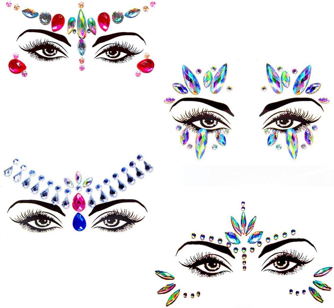 4 Sets Festival Rhinetones Mermaid Face Jewels Stick on glitter Temporary Tattoos for women Face Body Stickers Crystal Tears Face Gems glitter Stickers