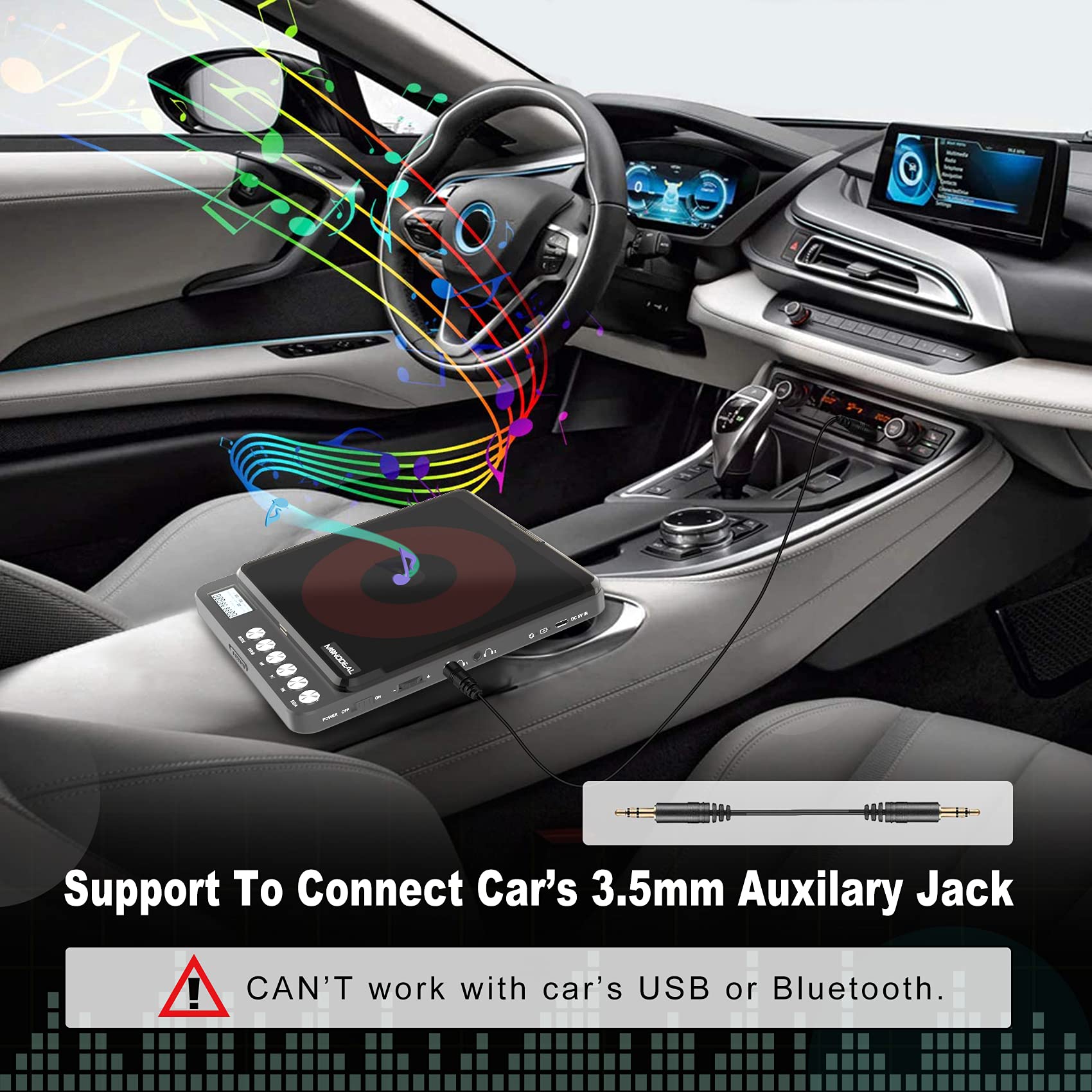 MONODEAL Portable CD Player With Built-in Speakers, Rechargeable for Car and Personal Use, Small Anti-Skip With Dual Headphone Jacks (Black)