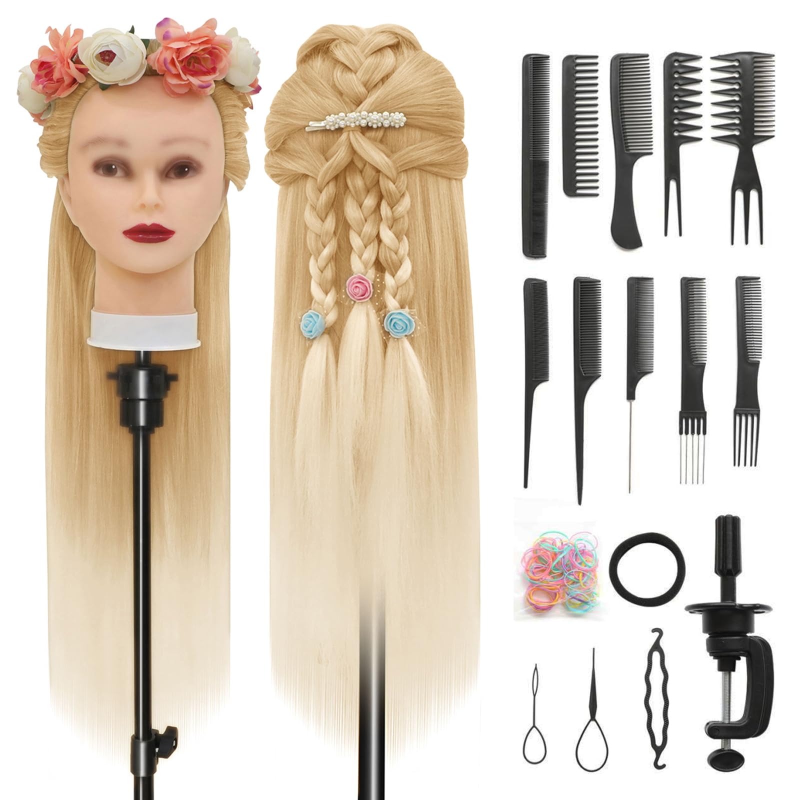 Styling Head 28 inch Hairdresser Training Head 100% Synthetic Fiber Hair Styling Head, Training Head Hairdressing Head with Free Clamp and DIY Braiding Set (27-613)