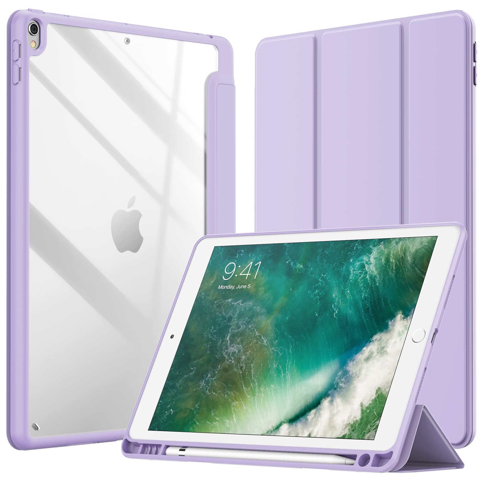 JETech Case for iPad Air 3 (10.5-Inch 2019, 3rd Generation) and iPad Pro 10.5-Inch with Pencil Holder, Clear Transparent Back Shell Slim Stand Shockproof Tablet Cover (Light Purple)