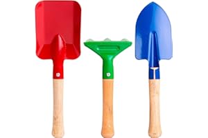 Kids Gardening Tools Set Made of Metal with Sturdy Wooden Handle. Safe & Right Size for Children, 8" Long Bamboo Gardening To