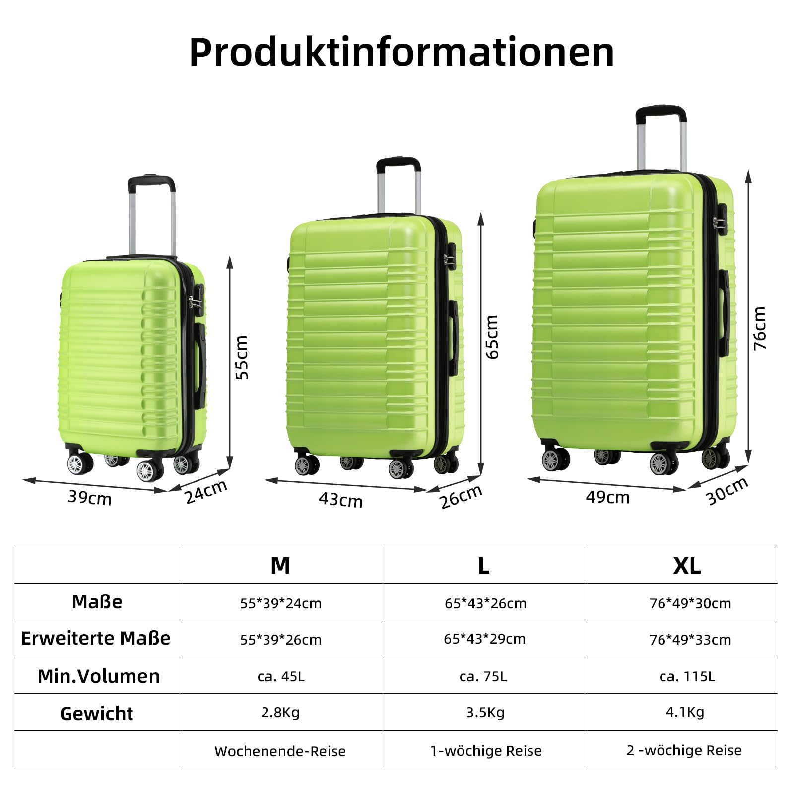 BEIBYE 2088 Zwillingsrollen Reisekoffer Koffer Trolleys Hartschale M-L-XL-Set (Green, L) 7