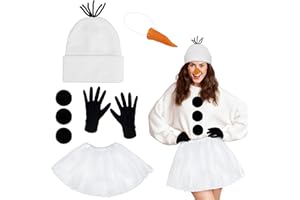 Ueyben Snowman Costume Set, Snowman Hat with Tutu Skirt Pom-Poms Carrot Nose Gloves Snowman Accessories for Women Christmas