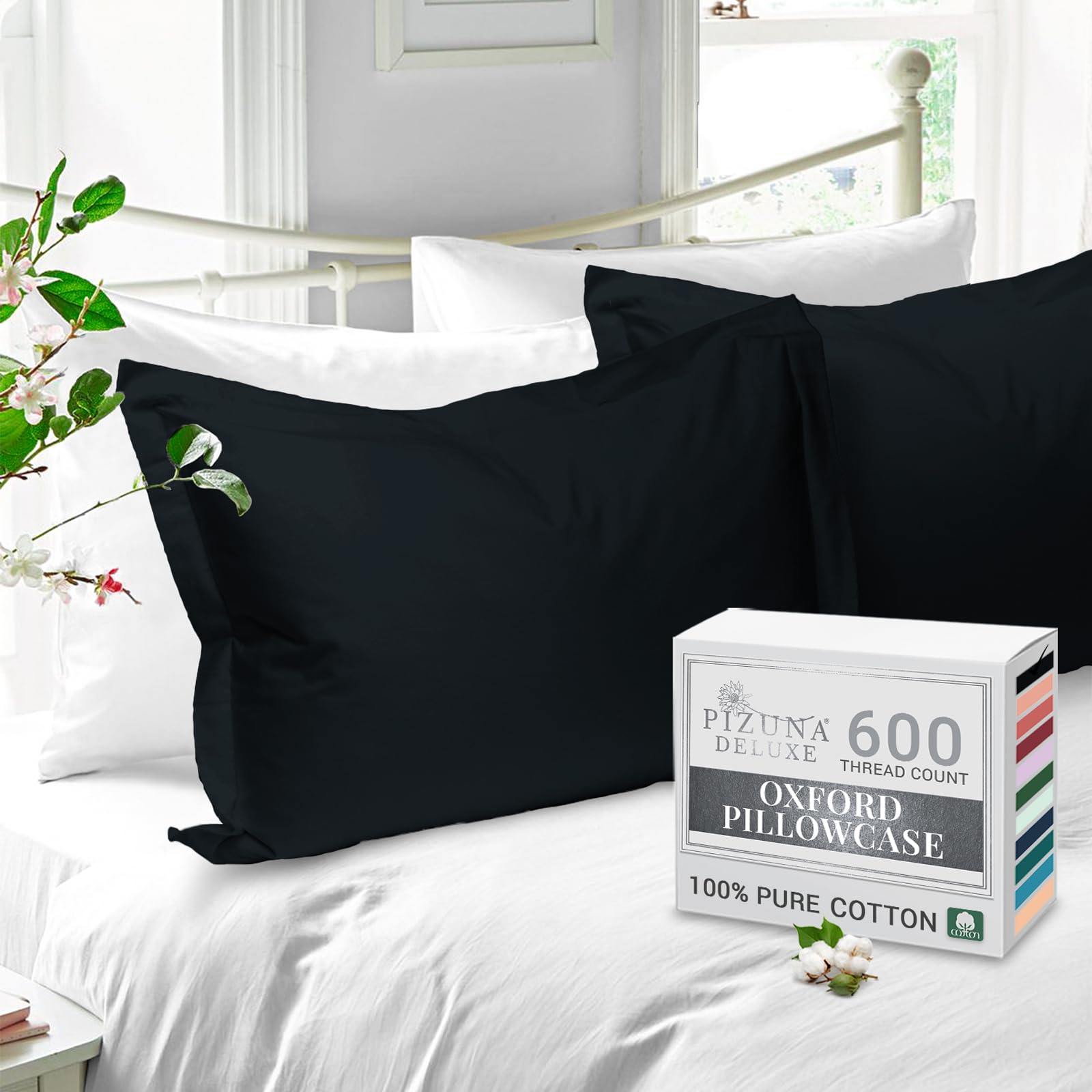 Pizuna Pure Cotton King Size Oxford Pillowcases 2 Pack Black 50x90cm, 600 Thread Count Long Staple Combed Cotton Crispy Soft Pillow Cover, Soft Sateen King Pillow Cases