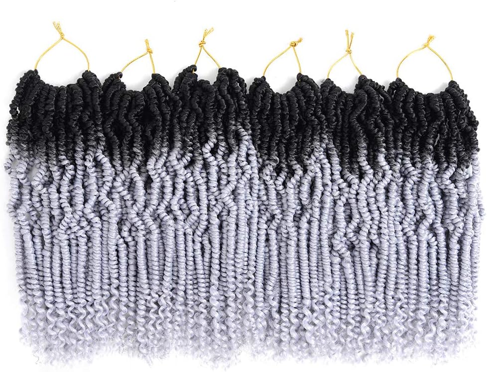 6 Packs Mini Passion Twist Hair 12 Inch Ombre Colors Bomb Twist Hair for Pre-looped Synthetic Crochet Braiding Hair (Black Grey)