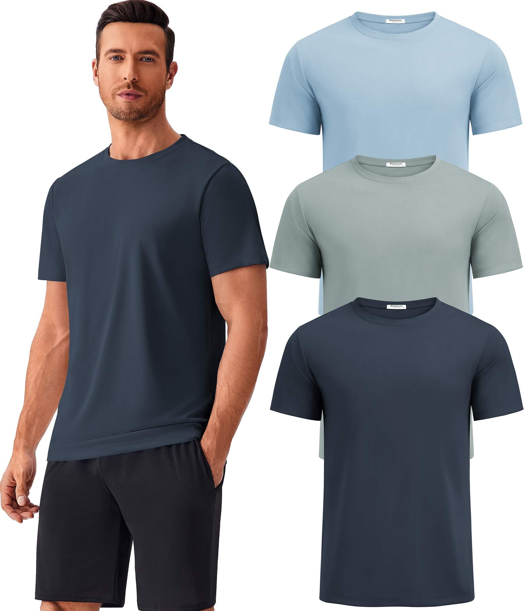PINSPARK Men's 3 Pack Workout Shirts Quick Dry Moisture Wicking Crewneck Tee Shirt Mesh Athletic T-Shirts