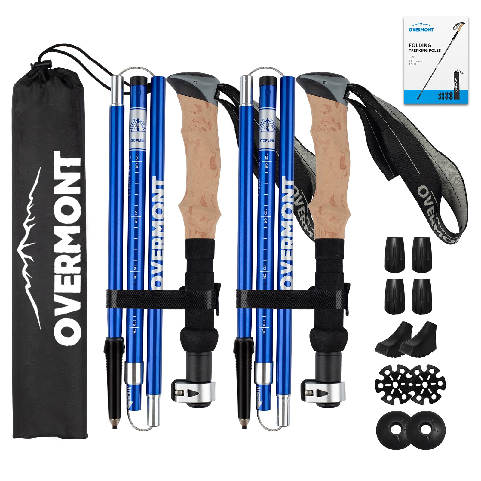 Overmont Walking Poles - 2pcs Collapsible Ultralight Aluminum Walking Sticks for Women Men Seniors with EVA Cork Handle,Trekking Poles Foldable, For Hiking, Camping, Mountaining, Backpacking Blue