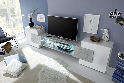 Arredocasagmbit Mobile Porta Tv Moderno Bianco Lucido Effetto Cemento Soggiorno Inserto