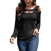 NILOINE Womens Cold Shoulder Tops V Neck Long Sleeve T-Shirts Off Shoulder Tunic Top Basic Tees Casual Blouse
