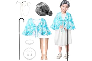 Fanskaty 8 Pcs 100th Day of School Old Lady Costume Old Grandma Costume Print Shawl Granny Wig Necklace Crutch