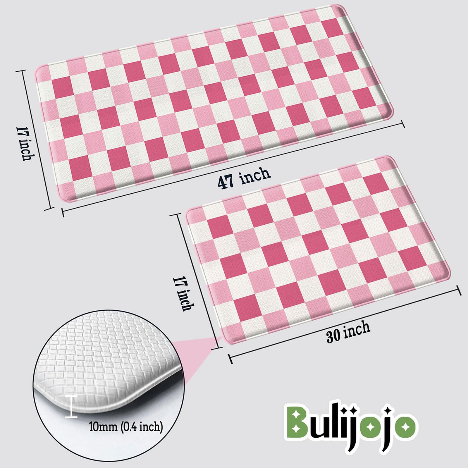 Bulijojo Pink Plaid Anti Fatigue Kitchen Floor Mats Set of 2 Waterproof Kitchen Sink Runner Rug Standing Mat Cushioned Kitchen Rugs Comfort Doormat 17"x47"+17" x30“ - Image 3