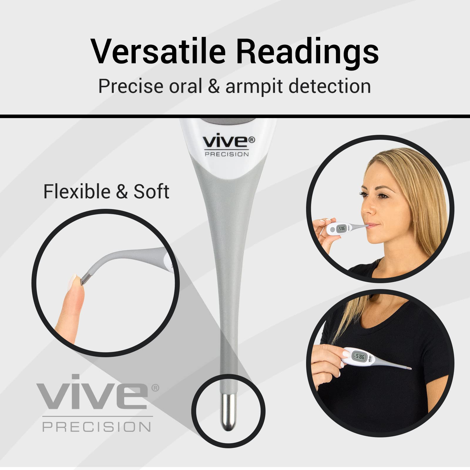 Vive Precision Smart Oral Thermometer - Approved Medical Grade Body Temperature Reader for Adults, Babies - Digital Fever Monitor with App for Home Use, Under The Tongue, Armpit & Rectal