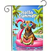 BlissYard Dachshund Garden Flag Hello Summer Sea Beach Dogs 12x18 Inch Double Sided Welcome Dog Sunglasses Garden Yard Flags for Spring Summer Seasonal Watermelon Outside Outdoor