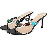 Wnshonzy Women's Strappy Heeled Sandals Jewelled Thong Flip-Flop Kitten Heels Slip On Pumps Stiletto Dressy Summer Mule High Heel Round Open Toe Fashion Vintage Bohemia