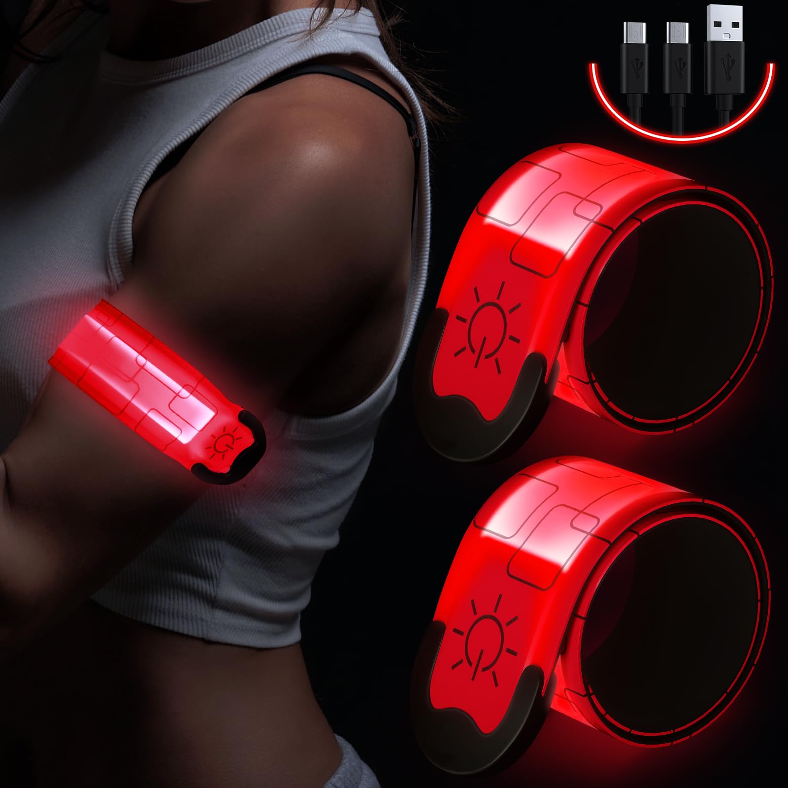 Simket Upgrade LED Armbands for Running(2Pack), USB Rechargeable Reflective Armbands, High Visibility Light Up Bands for Runners, Bikers, Walkers, Pet Owners