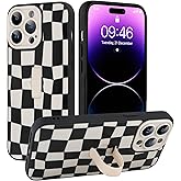 SOKAD for iPhone 14 Pro Max Case with Finger Strap Kickstand, Cute Checkered Checkerboard Phone Case with Finger Hand for Women Men, Slim Full Camera Protection Shockproof Case, Black & White