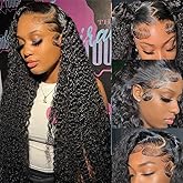 Rozilo Aomllute 13x4 Deep Wave Lace Front Wigs Human Hair Pre Plucked 200 Density HD Transparent Lace Front Wigs Human Hair with Baby Hair Deep Curly Wigs Human Hair For Women 22inch