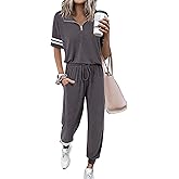 MASCOMODA 2 Piece Outfits for Women 2026 Summer Casual Quarter Zip Short Sleeve Tops Long Pants Tracksuit Jogger Lounge Sets