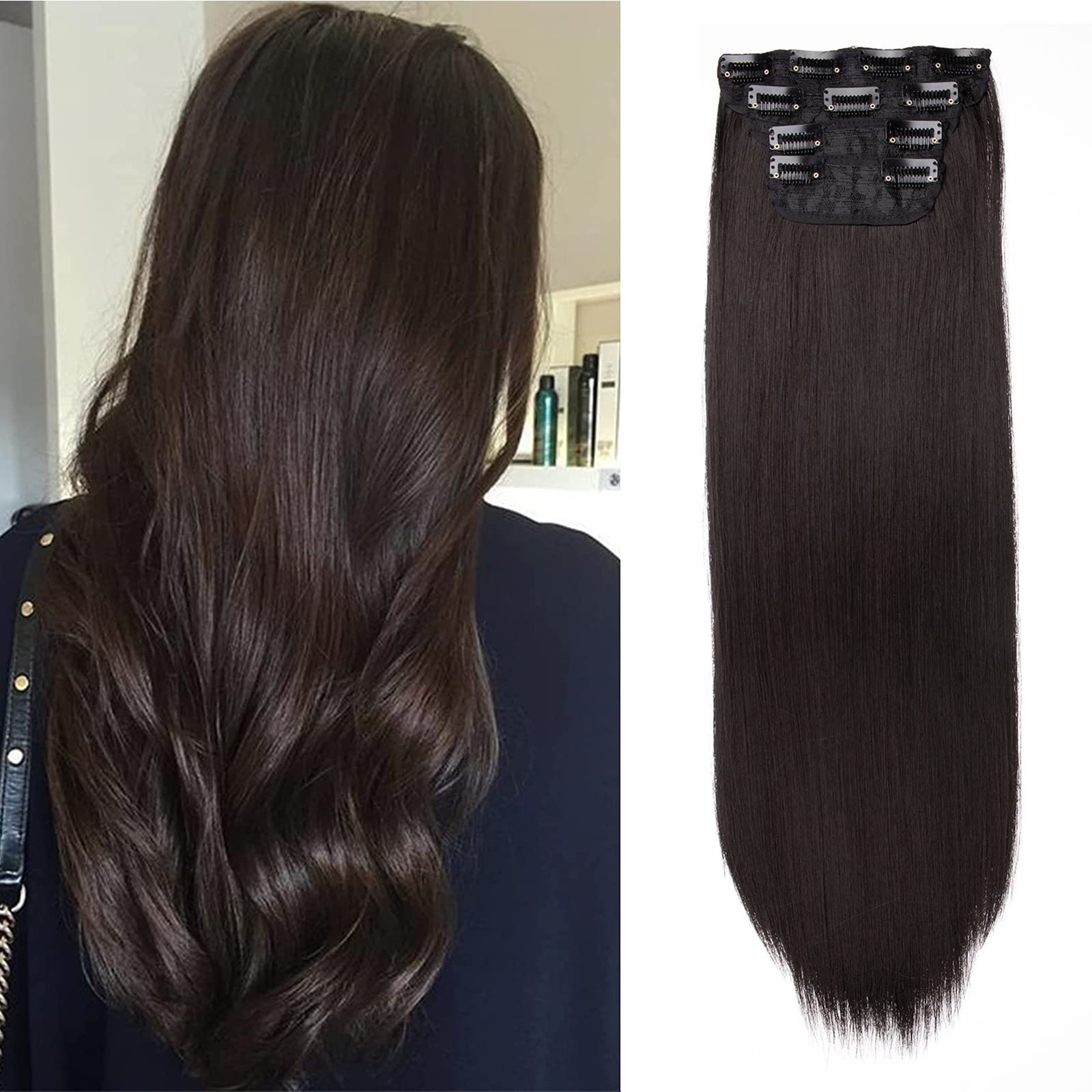 Xtrend 16 Inch Clip in Hair Extensions 4Pcs 11Clips Dark Brown Straight Thick Full Head Double Weft Clip on Synthetic Hair Extension 4#