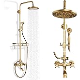 Gmusre Antique Brass Shower Fixture Bathroom Shower Faucet Set 8 Inch Rainfall Shower Head Handled Shower Waterfall Tub Spout