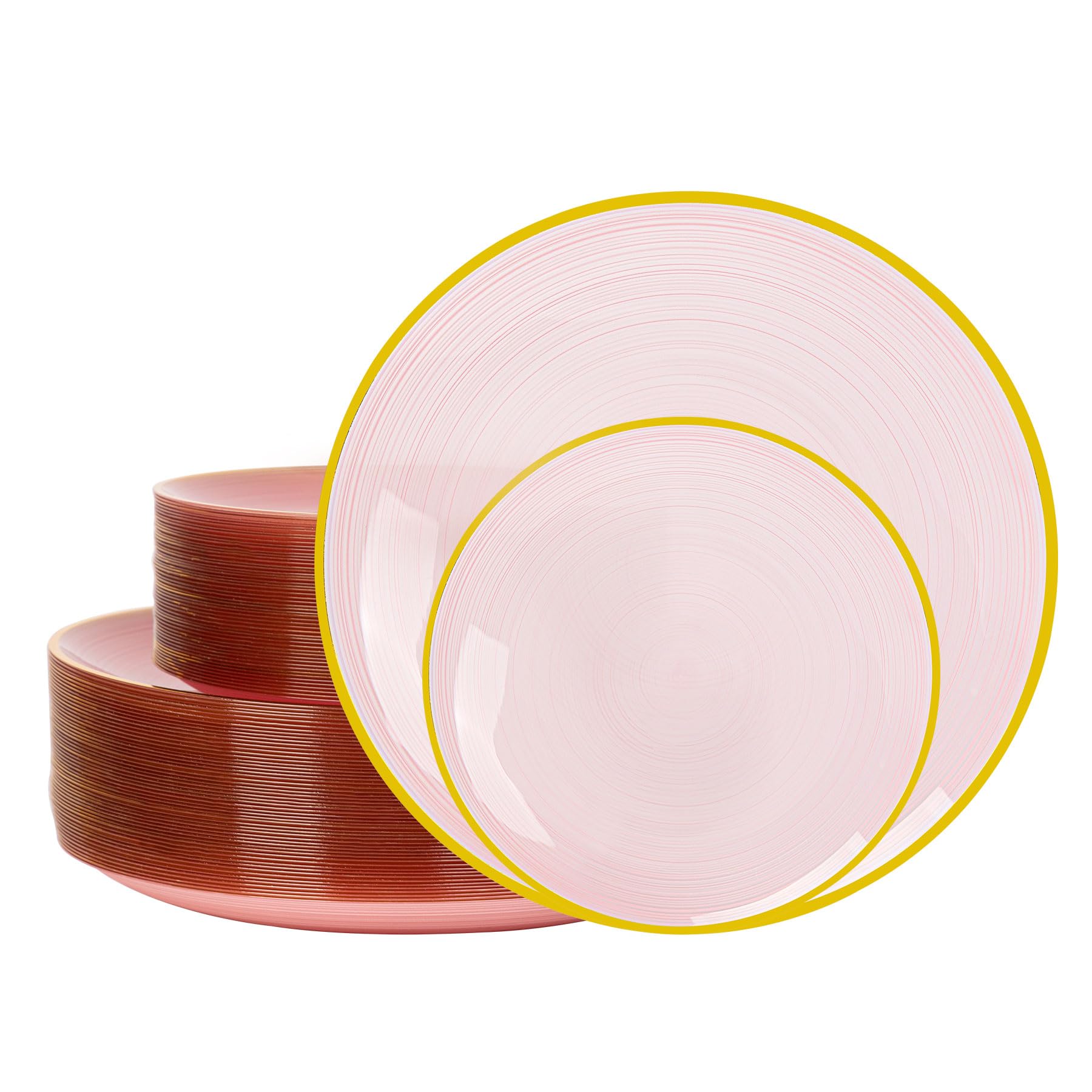 Photo 1 of 100PCS Pink Plastic Plates-Crystal Design Pink Disposable Plates with Gold Rim, Fancy Disposable Plates Include 50 Dinner Plates, 50 Dessert/Salad Plates for Party & Wedding