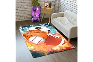 WJLBKGU Basketball Rug for Boys Bedroom Kids Football Carpet Water Fire Sports Rugs for Boys Bedroom Baseball, Soccer Rug for Playroom Living Room Decor Sofa Mat, 2x3 Feet