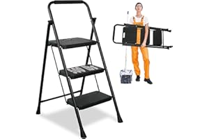 ARBUSB 3 Step Ladder, Protable Steel Folding Stool with Wide Anti-Slip Pedal, 500lbs Sturdy Steel Ladder, Black