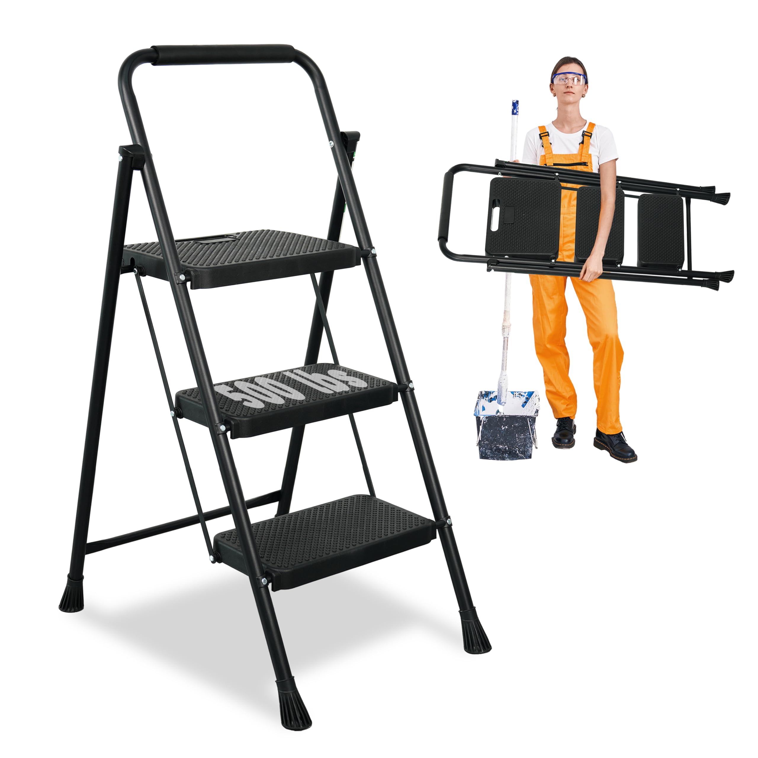Photo 1 of 3 Step Ladder, Protable Steel Folding Stool with Wide Anti-Slip Pedal, 500lbs Sturdy Steel Ladder, Black