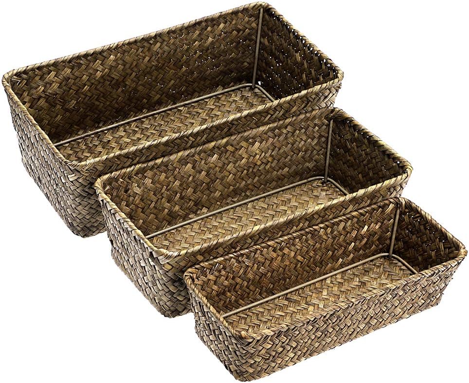 Sumnacon Set of 3 Natural Seagrass Natural Nesting Storage Baskets Handwoven Wicker Storage Bin Home Dried Flower Organizer Bins Countertop Baskets for Pantry Bread and Fruit Serving (Coffee) - Image 4